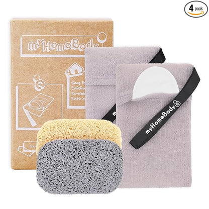 myHomeBody Soap Pocket Exfoliating Pouch, Body Scrubber Sponge, Exfoliator for Bath, Shower or Leftover Bits Saver, White Smoke, 2 Pack + 2 Lift Pads