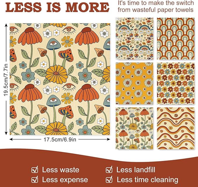 Whaline 6 Pack Retro Floral Swedish Dishcloths Vintage Boho Rainbow Flower Cotton Kitchen Towel Reusable Washable Dish Towel for Counter Cleaning Baking Cooking, 6.9 x 7.7 Inch