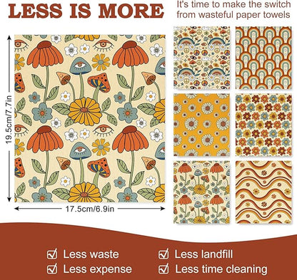 Whaline 6 Pack Retro Floral Swedish Dishcloths Vintage Boho Rainbow Flower Cotton Kitchen Towel Reusable Washable Dish Towel for Counter Cleaning Baking Cooking, 6.9 x 7.7 Inch