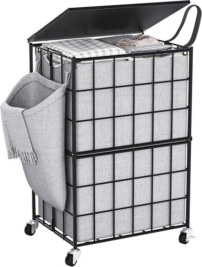 90L Laundry Basket with Wheels, Large Capacity Laundry Hamper with Removable Liner Bags, Heavy Duty Laundry Sorter with Solid Wood Lid & Leather Handles, Grey