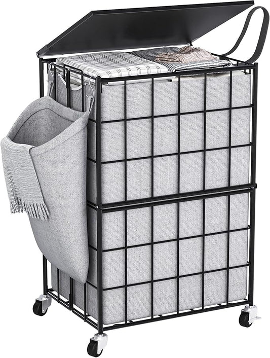 90L Laundry Basket with Wheels, Large Capacity Laundry Hamper with Removable Liner Bags, Heavy Duty Laundry Sorter with Solid Wood Lid & Leather Handles, Grey