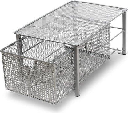 Deco Brothers Stackable Pull Out Cabinet Sliding Basket with Dividers, Large, Silver