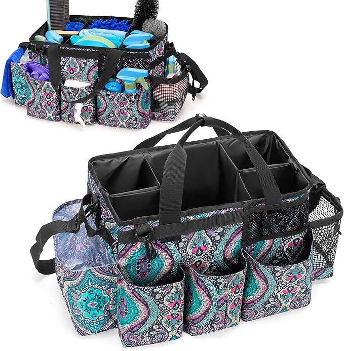 LoDrid Wearable Cleaning Caddy Bag with 4 Foldable Dividers, Cleaning Supply Organizer with Shoulder Strap and Side Handles for Cleaners & Housekeepers, Totem