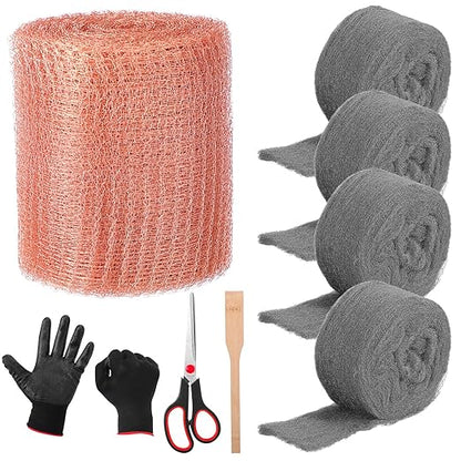 Copper Mesh Rodent Control Kit 1 Pack Rustproof Mesh Roll and 0000 Steel Wool Mouse Hole Filler with Gloves, Scissors for House Garden Home Garage(5in X 19.7ft)