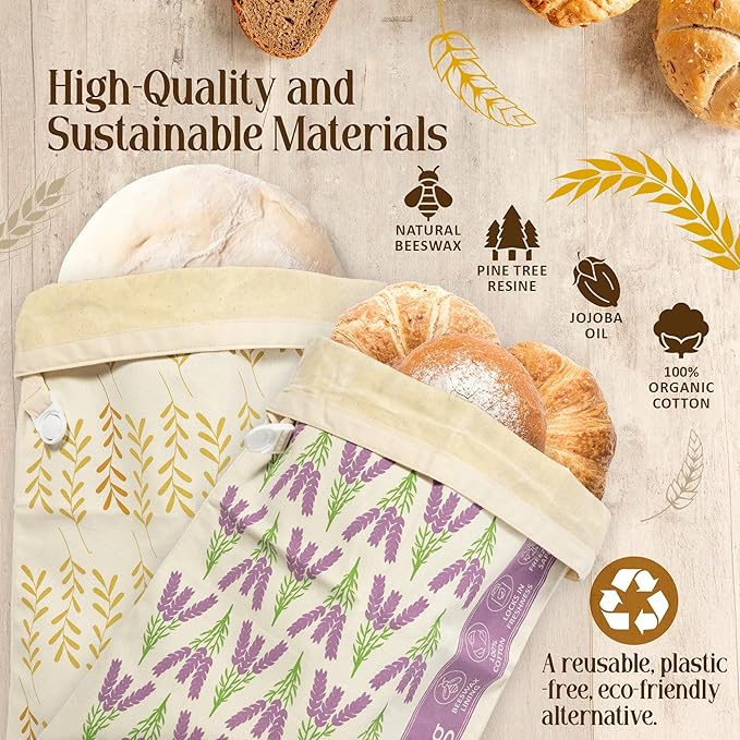 Beeswax Bread Bag for Homemade Bread (Set of 2) – Premium Sourdough Bread Bags & Loaf Storage – Eco-Friendly, Reusable, Washable & Freezer Safe – Ultimate Sourdough Bread Baking Supplies