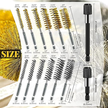 14-Piece Bore Brush Set - 304 Stainless Steel & Brass Drill Wire Bore Cleaning Brushes - 1/4" Hex Shank with Extension Bar for Power Drills, Impact Drivers, Grinders (8/10/12/15/17/19 mm)