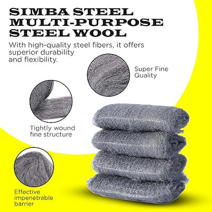 Steel Wool Grade 0000 - Finest Grade - 16 Steel Wool Pads – Steel Wool Scrubber for Cleaning & Rust Removal, Glass & Wood Buffing, Steel Scratch Remover, Mice & Rodents