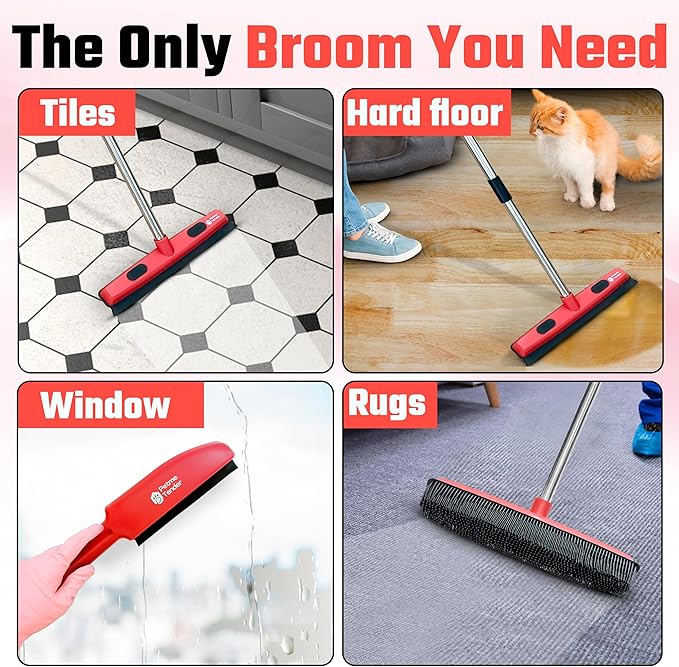 Hybrid Dog Pet Hair Removal Broom with Squeegee – Adjustable Handle Rubber Broom for Pet, Hardwood Floors, Tile, & Liquid-Dirt with 2 Portable Hair Brushes & Cloth