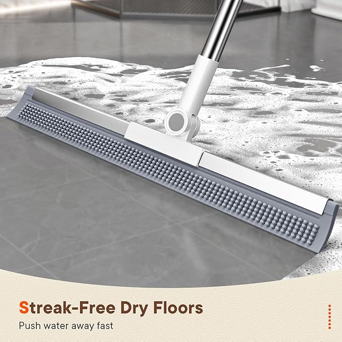 Floor Squeegee Broom with Long Handle, 2 in 1 Rubber Broom with Scrubbing Teeth for Water Removal, Shower, Bathroom, Kitchen, Tile, Concrete, Garage and Pet Hair