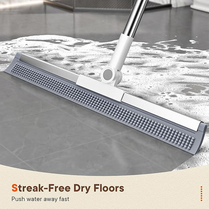 Floor Squeegee Broom with Long Handle, 2 in 1 Rubber Broom with Scrubbing Teeth for Water Removal, Shower, Bathroom, Kitchen, Tile, Concrete, Garage and Pet Hair