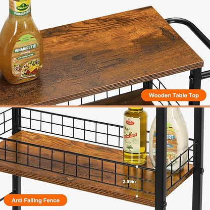 YBING Slim Storage Cart 4 Tier Narrow Kitchen Rolling Cart with Wooden Tabletop Mobile Utility Stand on Wheels for Bathroom Laundry Narrow Places Rustic Brown 16.5''L X 7.3''W X 34.6''H