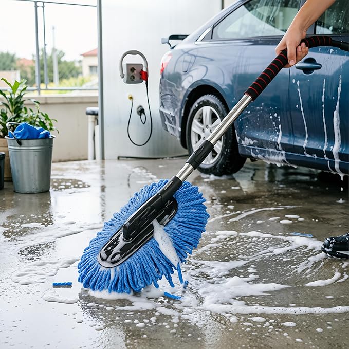 35" Car Wash Mop with Long Handle - Lightweight Microfiber Chenille Car Cleaning Brush - Telescopic & Detachable Car Wash Brush with Washable Head, Scratch-Free Cleaning Tool for Car, SUV, RV, Truck