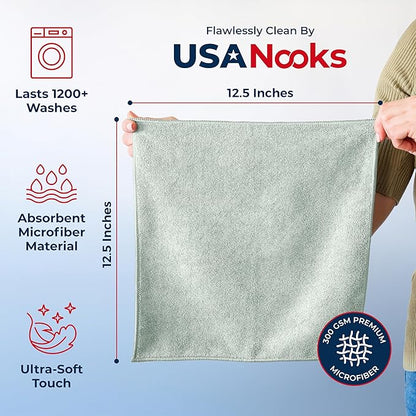 USANOOKS Microfiber Cleaning Cloth - Sea Green - 100Pcs (12.5x12.5 inch) High Performance - 1200 Washes, Ultra Absorbent Car Towel Traps Grime & Liquid for Streak-Free Mirror Shine - car Washing cloth