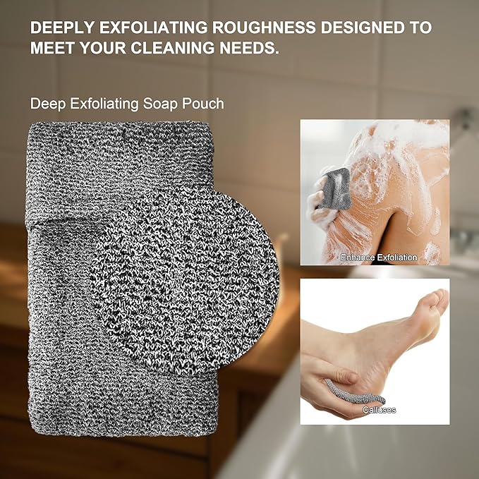 2 Pack Soap Bag Deep Exfoliating,Bar Soap Pouch Saver Pocket, Body Scrubber Shower Bath Sponge Loofah (Grey)