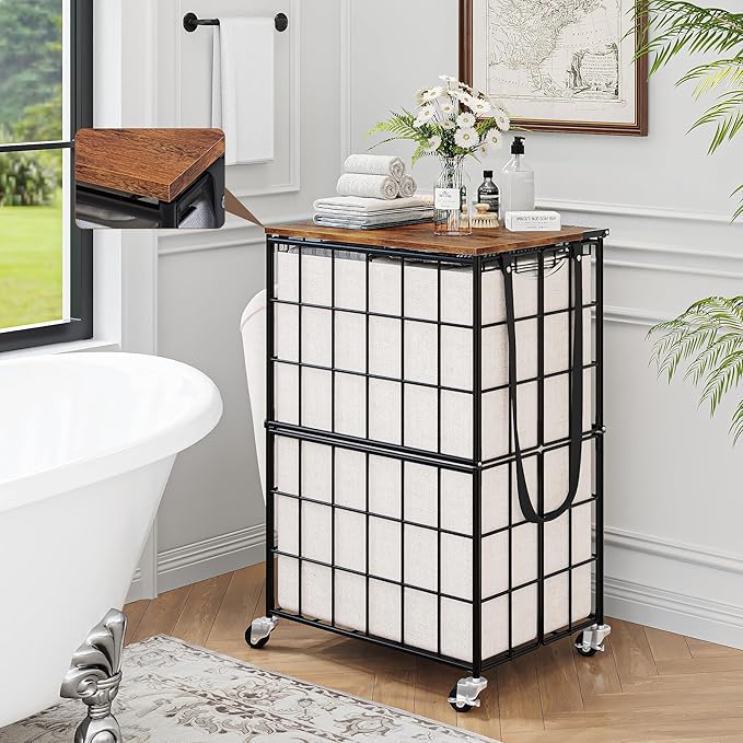 90L Laundry Basket with Wheels, Large Capacity Laundry Hamper with Removable Liner Bags, Heavy Duty Laundry Sorter with Solid Wood Lid & Leather Handles, Beige