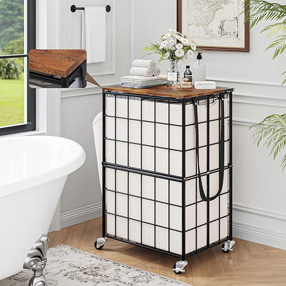 90L Laundry Basket with Wheels, Large Capacity Laundry Hamper with Removable Liner Bags, Heavy Duty Laundry Sorter with Solid Wood Lid & Leather Handles, Beige