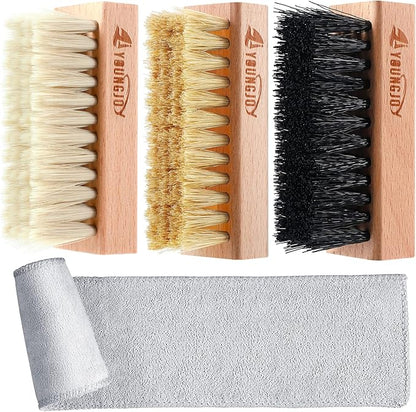 YoungJoy 3 Pieces Dual Sided Sneaker Shoe Cleaner Brush Set Shoes Clean Brush Kit Both Boar and Plastic Bristles with Microfiber Cloth (D)