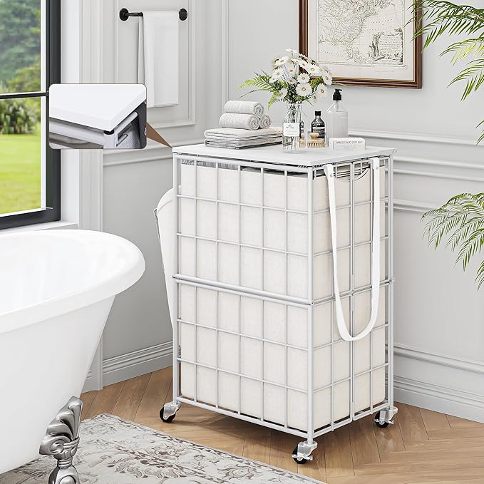 90L Laundry Basket with Wheels, Large Capacity Laundry Hamper with Removable Liner Bags, Heavy Duty Laundry Sorter with Solid Wood Lid & Leather Handles, White