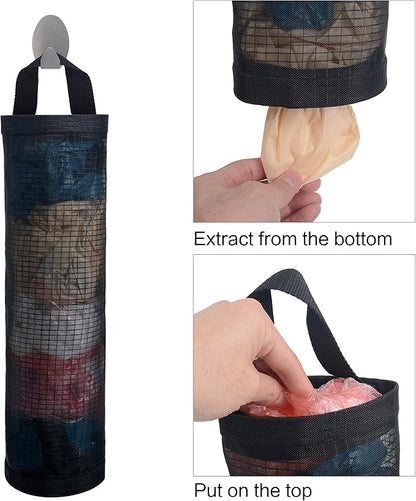 Mesh Garbage Bag Sulimy Plastic Bag Holder Dispensers 2pcs Folding Hanging Storage Trash bags Holders Organizer Recycling Grocery Pocket Containers with 2 Hooks for Home and Kitchen Black