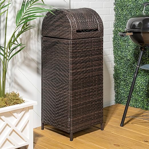 happimess HPM1202A Darla 31.39-Gallon All-Weather Wicker/Metal Swing Top Hideaway Outdoor Trash Can, Brown, Classic, Coastal, Casual Wastebin for Backyard, Patio, Porch, Kitchen