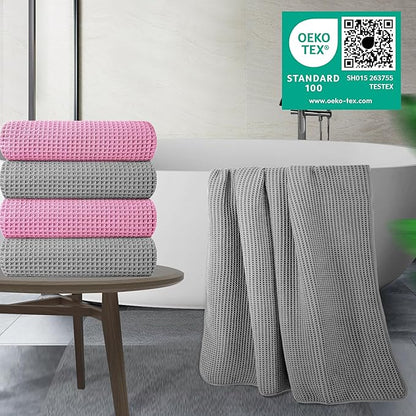 POLYTE 430 GSM Microfiber Oversize Quick Dry Lint Free Bath Towel, 60 x 30 in, 4 Pack (Waffle Weave)