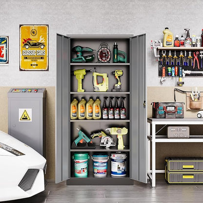 Metal Garage Storage Cabinet,71" H Tall Tool Cabinet with 2 Doors and 5 Adjustbale Shelves,Lockable Tool Cabinet for Garage,Basement,Home Office