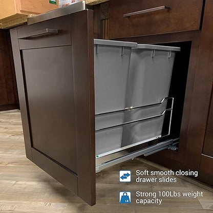 Rok Hardware Soft Closing Undermount Kitchen Cabinet Heavy Duty Pull Out Organizer Trash and Recycling Center with Gray Finish Dual 36 Quart Capacity Waste Recycle Bins Garbage Can, ROKRECYCLE3GRY