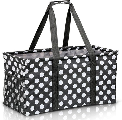 Extra Large Utility Tote Bag - Oversized Collapsible Reusable Wire Frame Rectangular Canvas Basket With Two Exterior Pockets For Beach, Pool, Laundry, Car Trunk, Storage - White Polka Dot