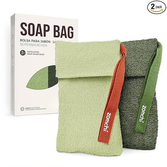 ZOMCHI Exfoliating Bar Soap Pouch, 2 Pack Soap Bags with Coarse & Gentle Mesh for Effective Exfoliation, Soap Saver Bags for Rich Lathering and Deep Cleansing (Olive Green)