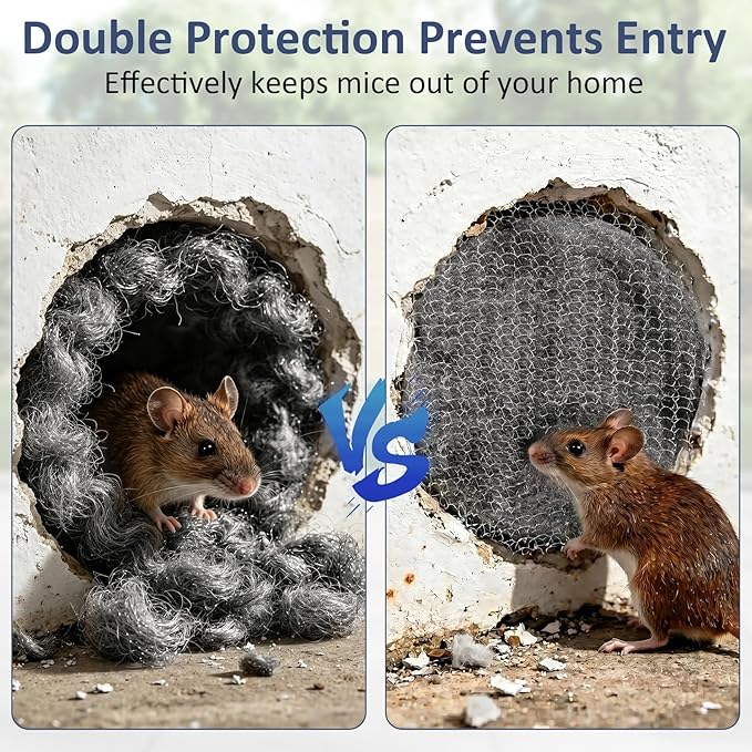 Steel Wool Mice Control, 3 Pack 2.75"*11.5FT Steel Wool & 1 Pack 5"*15FT Steel Mesh, Mouse Traps Fill Fabric DIY Kit, Hardware Cloth Gap Blocker Mouse Rat Rodent Control for Holes, Wall Cracks, Vents