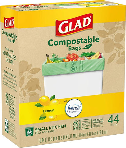 Glad Trash Bags, Kitchen Compost Bags 2.6 Gallon Garbage Bags, 100% Compostable Bag, Febreze Lemon, 44 Count (Package May Vary), Light Yellow
