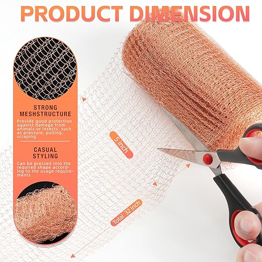 Copper Mesh Rodent Control Kit - 5 in x 35 ft Copper Mesh Roll, Rust Proof Rodent Proof Wire Mesh, DIY Mice Defensive Mesh for Pest Bat Bird Snail and Rodent Control