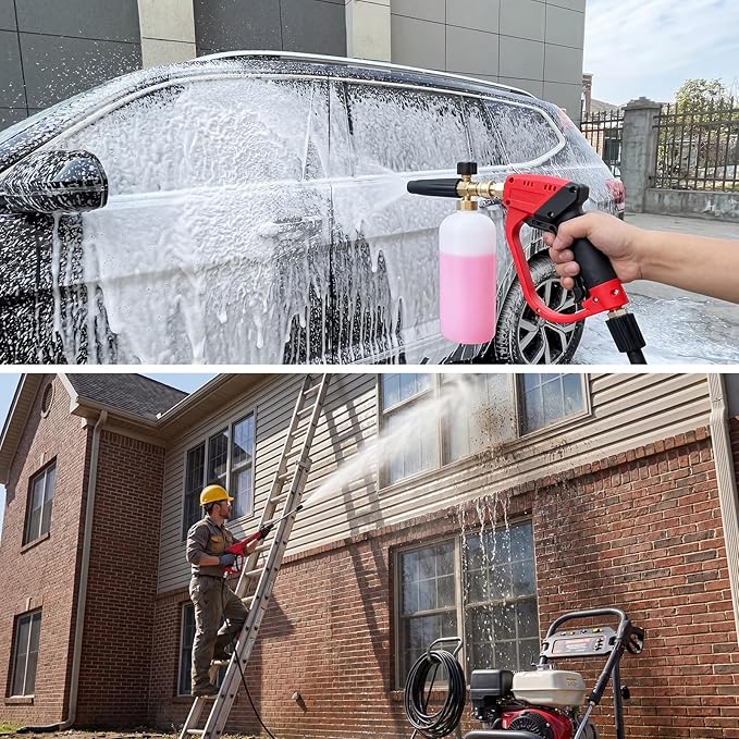 Pressure Washer Gun and Hose Kit, 3600PSI 50Ft Pressure Washer Hose with Foam Cannon & 2Pcs Extension Wand & 5Pcs Nozzle Tips & M22-15mm Fittings for Car Wash Driveway House