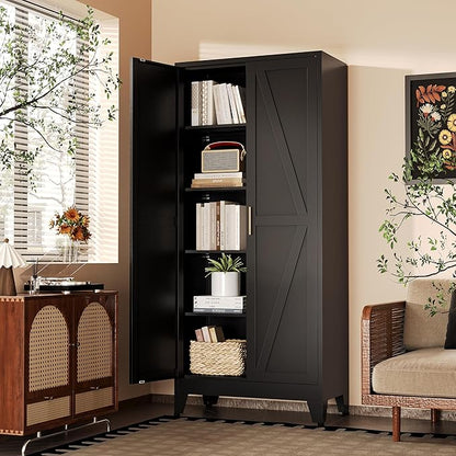 71" H Metal Garage Storage Cabinets,Broom Closet Storage Cabinet,Utility Cabinet,Black Storage Cabinets
