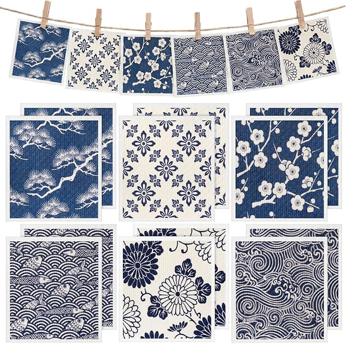 Tegeme 12 Pack Sweden Dishcloths 6 Patterns Super Absorbent Reusable Quick-Drying Washable Sponge Cloths for Kitchen Dishwashing Counters Household Cleaning Durable (Japanese Style)