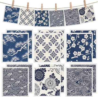 Tegeme 12 Pack Sweden Dishcloths 6 Patterns Super Absorbent Reusable Quick-Drying Washable Sponge Cloths for Kitchen Dishwashing Counters Household Cleaning Durable (Japanese Style)