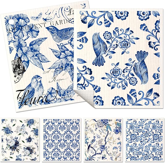 Miss Adola 6 Pack Swedish Dishcloths for Kitchen - Reusable Dish Cloths for Washing Dishes Absorbent Cute Funny Kitchen Towels Cleaning Sponge, Blue Floral