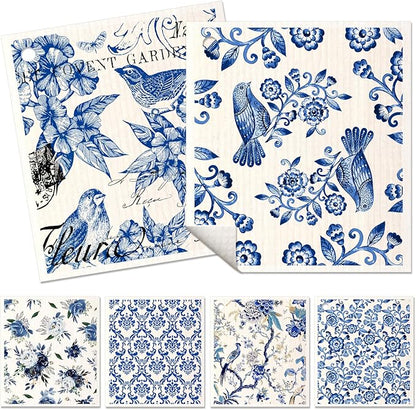 Miss Adola 6 Pack Swedish Dishcloths for Kitchen - Reusable Dish Cloths for Washing Dishes Absorbent Cute Funny Kitchen Towels Cleaning Sponge, Blue Floral