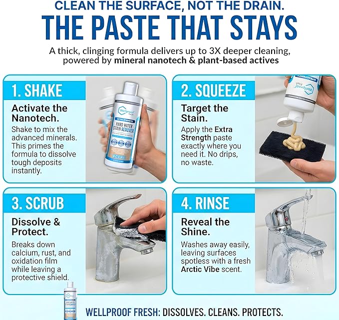 Wellproof Hard Water Stain & Scum Scale Remover – 3X Nanotech Deep Cleaner, No Bleach, No Acid | Limescale, Soap Scum, Calcium & Rust Cleaner for Showers, Glass, Toilets, Tubs, Sinks, Cooktops & More