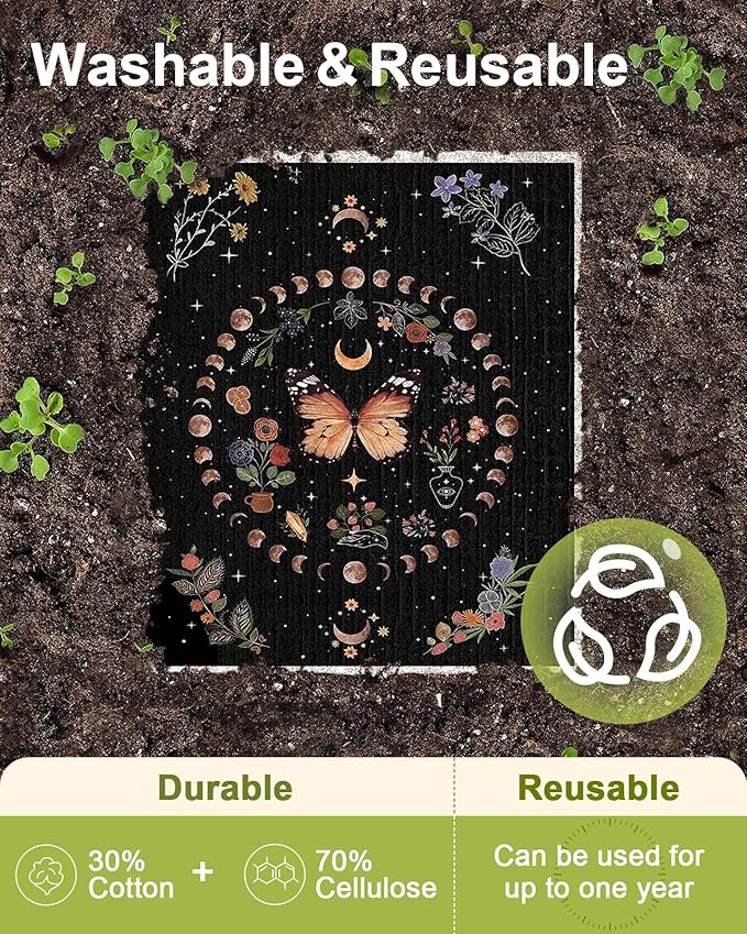 Miss Adola Swedish Dishcloths for Kitchen - Whimsical 8 Pack Compostable Patterned Cotton Dish Cloths Absorbent Swedish Paper Towels Reusable Kitchen Dish Towels, Moonlit Butterfly