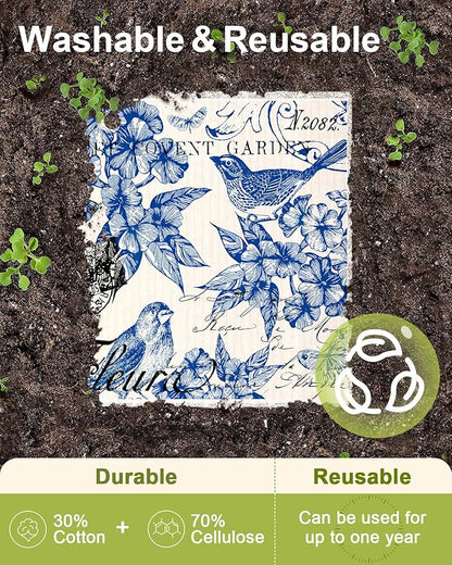Miss Adola Swedish Dishcloths for Kitchen - Elegant 8 Pack Compostable Patterned Cotton Dish Cloths Absorbent Swedish Paper Towels Reusable Kitchen Dish Towels, Blue and White Ceramic Style