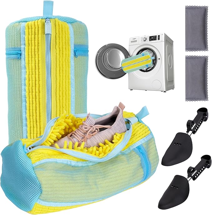 Shoe Washing Machine Bag with Shoe Trees and Deodorizer Bags, 2 Pcs Reusable Sneaker Laundry Bag for Washer and Dryer, 360 Deep Cleaning Shoe Washing Bag with Zipper, All Shoe Types & Sizes, Yellow