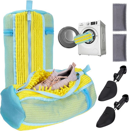 Shoe Washing Machine Bag with Shoe Trees and Deodorizer Bags, 2 Pcs Reusable Sneaker Laundry Bag for Washer and Dryer, 360 Deep Cleaning Shoe Washing Bag with Zipper, All Shoe Types & Sizes, Yellow