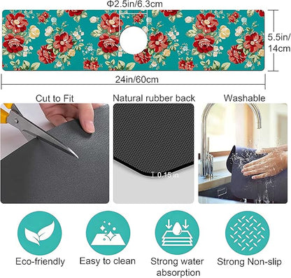 Kitchen Sink Splash Guard Faucet Mat Super Absorbent Fast Drying Mat Sink Gadgets Splash Guard Behind Faucet Drip Catcher for Kitchen (Boho Flowers, 23.5x5.5in)