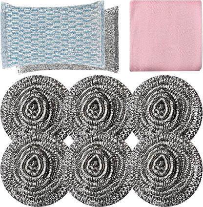 6pcs Stainless Steel Scrubber 2pcs Heavy Duty Scrub Sponges 1pcs Dish Clean Towel for Kitchens Bathroom and More