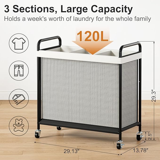 WOWLIVE Laundry Hamper 3 Section, 120L Rolling Laundry Basket with wheels and Removable Liner Bag, Laundry Sorter with Metal Handle, Large Clothes Hamper for Laundry Room, Bathroom and Dorm, Beige