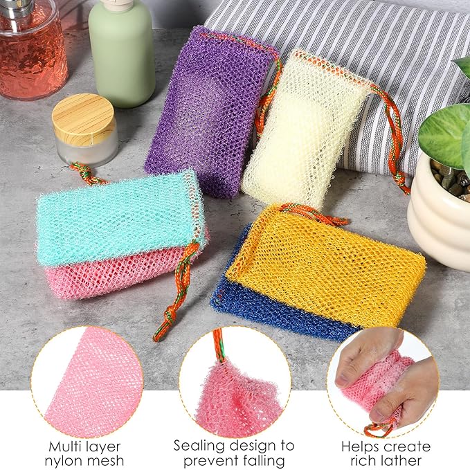 Sibba 8pcs Bar Soap Pouch Saver Pocket Drawstring Exfoliating Mesh Soap Saver Sack Foaming Bag Bubble Foam Net Body Scrubber Sponge Exfoliator Loofah Facial Cleaning for Bath Shower (Multicolor)