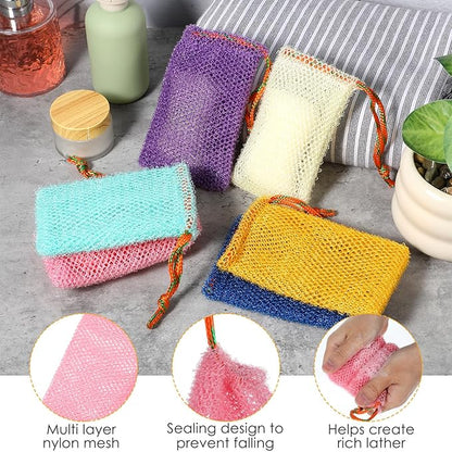 Sibba 8pcs Bar Soap Pouch Saver Pocket Drawstring Exfoliating Mesh Soap Saver Sack Foaming Bag Bubble Foam Net Body Scrubber Sponge Exfoliator Loofah Facial Cleaning for Bath Shower (Multicolor)