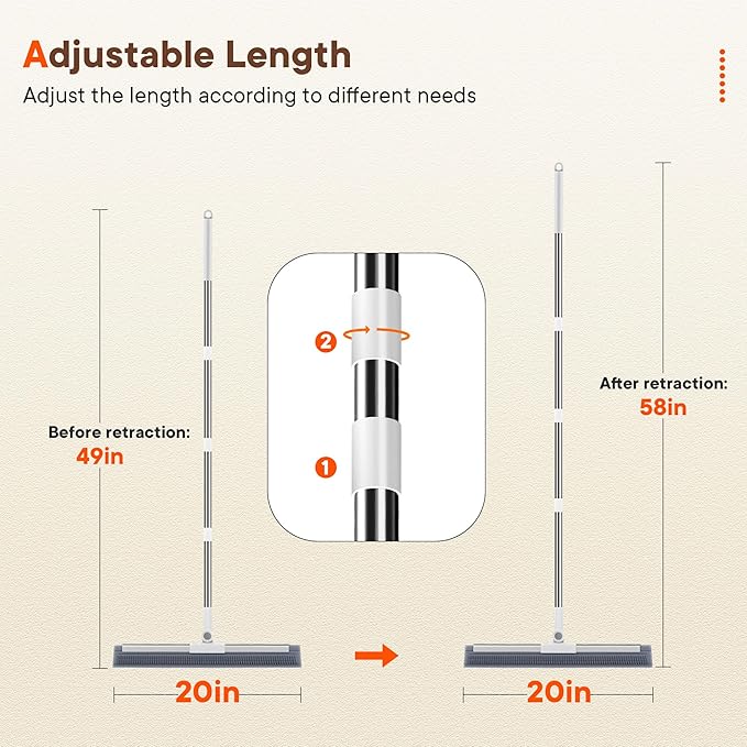 Floor Squeegee Broom with Long Handle, 2 in 1 Rubber Broom with Scrubbing Teeth for Water Removal, Shower, Bathroom, Kitchen, Tile, Concrete, Garage and Pet Hair