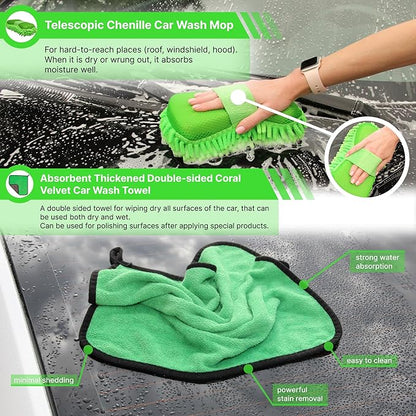 7-in-1 Car Detailing Kit - Powerful Multi-Purpose Complete Auto Cleaning Set with Telescopic Mop, Microfiber Mitt, Towel, Wheel & Interior Brushes